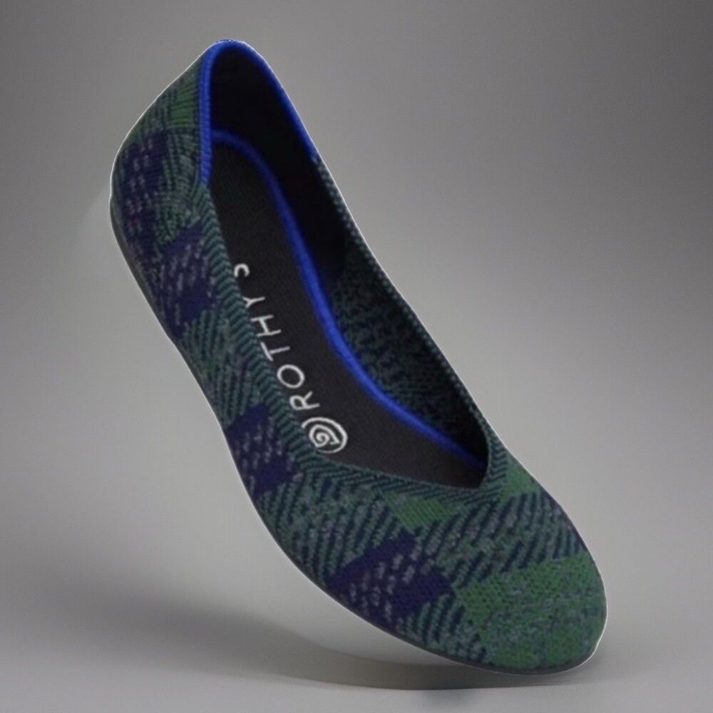 Rothy’s The Flat Forest Tartan Plaid Green Navy Blue Round Toe Retired Size 8.5